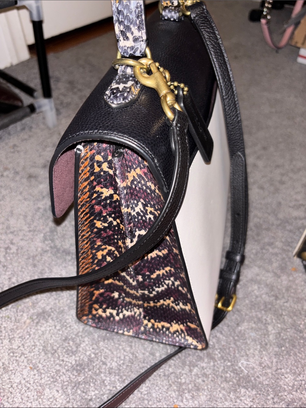 Coach Black and Cream Top-Handle Women's Satchel with Snakeskin Accent - Picture 4 of 14
